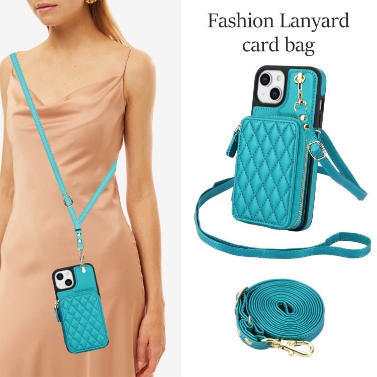 For iPhone 14 / 13 AwQuer Crossbody Zipper Wallet Rhombic Leather Back Phone Case(Green) For iPhone 14 / 13 AwQuer Crossbody Zipper Wallet Rhombic Leather Back Phone Case(Green)