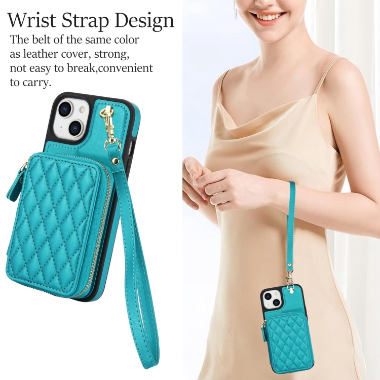 For iPhone 14 / 13 AwQuer Crossbody Zipper Wallet Rhombic Leather Back Phone Case(Green) For iPhone 14 / 13 AwQuer Crossbody Zipper Wallet Rhombic Leather Back Phone Case(Green)