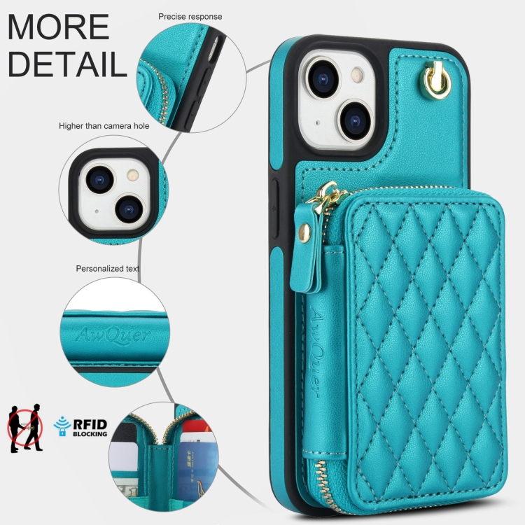 For iPhone 14 / 13 AwQuer Crossbody Zipper Wallet Rhombic Leather Back Phone Case(Green) For iPhone 14 / 13 AwQuer Crossbody Zipper Wallet Rhombic Leather Back Phone Case(Green)