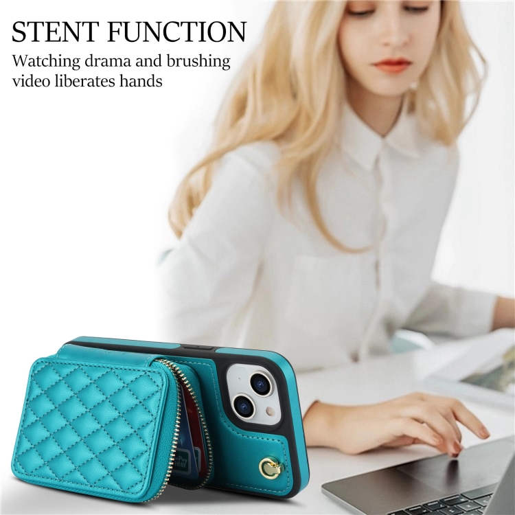 For iPhone 14 / 13 AwQuer Crossbody Zipper Wallet Rhombic Leather Back Phone Case(Green) For iPhone 14 / 13 AwQuer Crossbody Zipper Wallet Rhombic Leather Back Phone Case(Green)