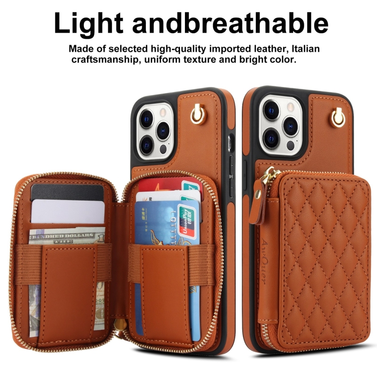 For iPhone 12 / 12 Pro AwQuer Crossbody Zipper Wallet Rhombic Leather Back Phone Case(Brown) For iPhone 12 / 12 Pro AwQuer Crossbody Zipper Wallet Rhombic Leather Back Phone Case(Brown)