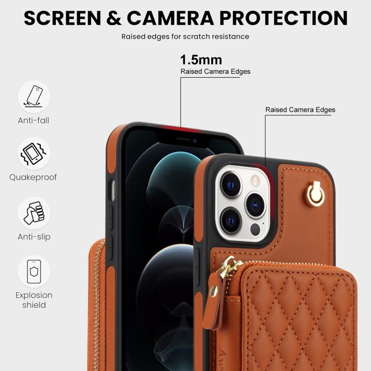 For iPhone 12 / 12 Pro AwQuer Crossbody Zipper Wallet Rhombic Leather Back Phone Case(Brown) For iPhone 12 / 12 Pro AwQuer Crossbody Zipper Wallet Rhombic Leather Back Phone Case(Brown)