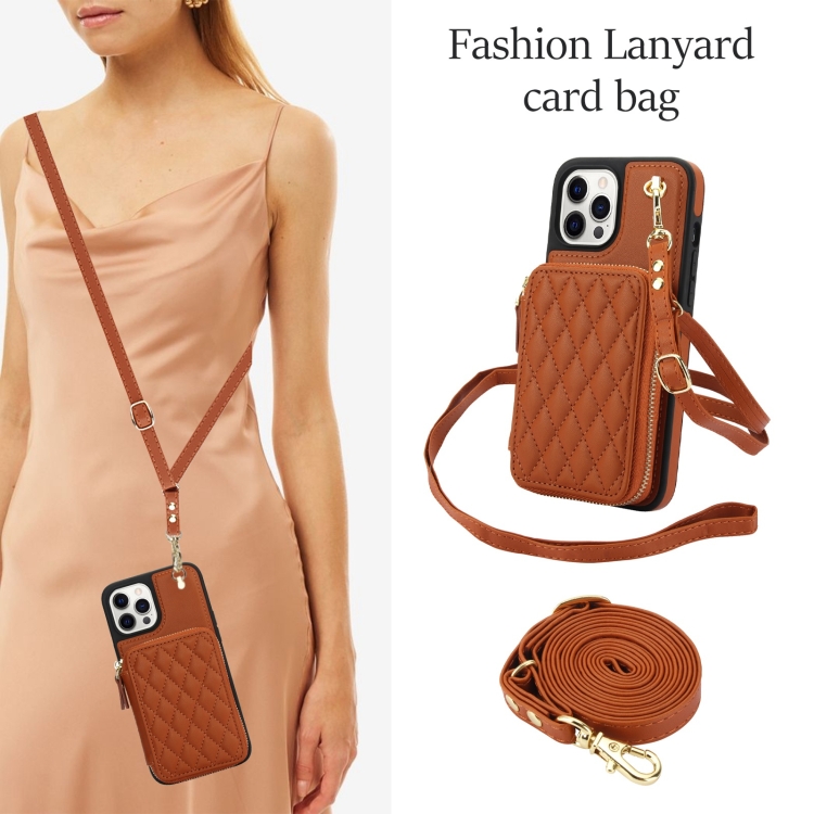 For iPhone 12 / 12 Pro AwQuer Crossbody Zipper Wallet Rhombic Leather Back Phone Case(Brown) For iPhone 12 / 12 Pro AwQuer Crossbody Zipper Wallet Rhombic Leather Back Phone Case(Brown)
