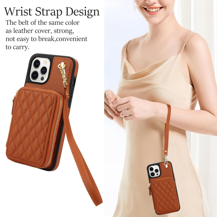 For iPhone 12 / 12 Pro AwQuer Crossbody Zipper Wallet Rhombic Leather Back Phone Case(Brown) For iPhone 12 / 12 Pro AwQuer Crossbody Zipper Wallet Rhombic Leather Back Phone Case(Brown)