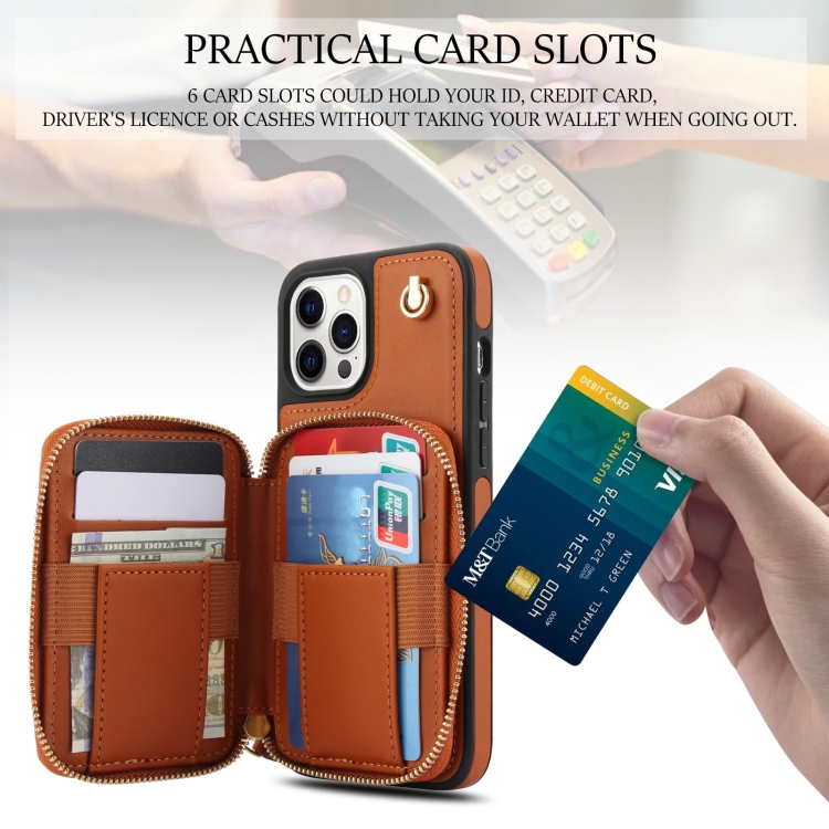 For iPhone 12 / 12 Pro AwQuer Crossbody Zipper Wallet Rhombic Leather Back Phone Case(Brown) For iPhone 12 / 12 Pro AwQuer Crossbody Zipper Wallet Rhombic Leather Back Phone Case(Brown)