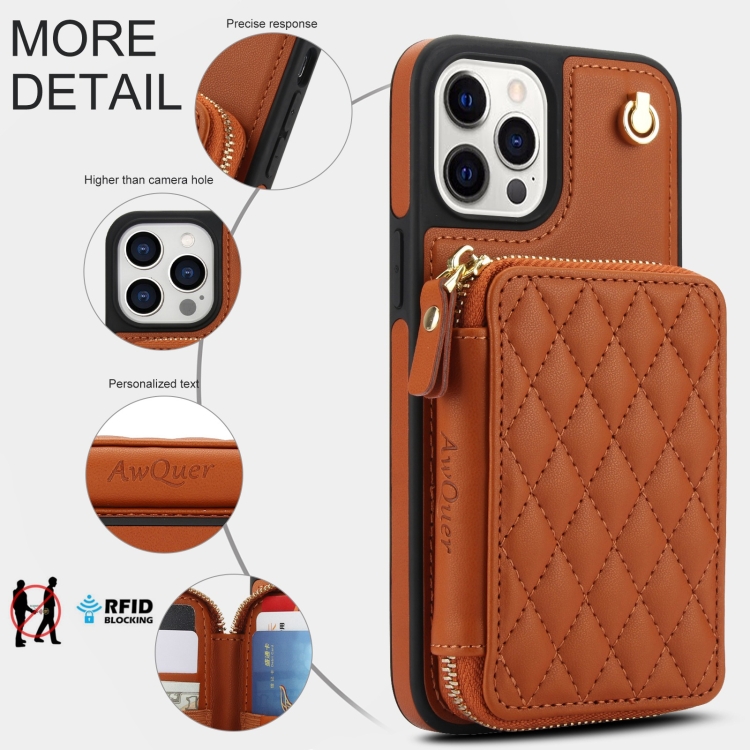 For iPhone 12 / 12 Pro AwQuer Crossbody Zipper Wallet Rhombic Leather Back Phone Case(Brown) For iPhone 12 / 12 Pro AwQuer Crossbody Zipper Wallet Rhombic Leather Back Phone Case(Brown)