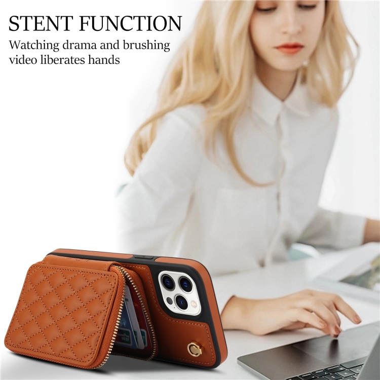For iPhone 12 / 12 Pro AwQuer Crossbody Zipper Wallet Rhombic Leather Back Phone Case(Brown) For iPhone 12 / 12 Pro AwQuer Crossbody Zipper Wallet Rhombic Leather Back Phone Case(Brown)