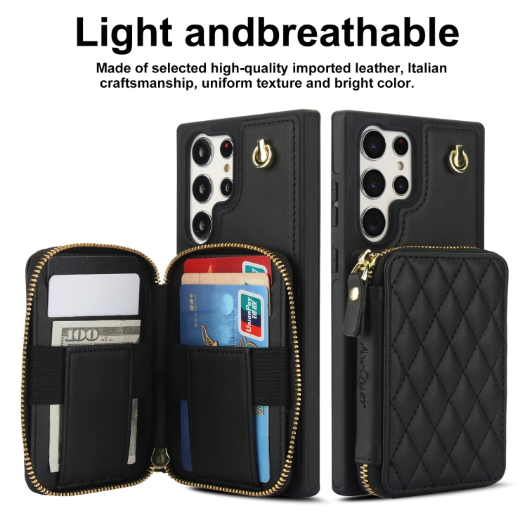 For Samsung Galaxy S24 Ultra 5G AwQuer Crossbody Zipper Wallet Rhombic Leather Back Phone Case(Black) For Samsung Galaxy S24 Ultra 5G AwQuer Crossbody Zipper Wallet Rhombic Leather Back Phone Case(Black)