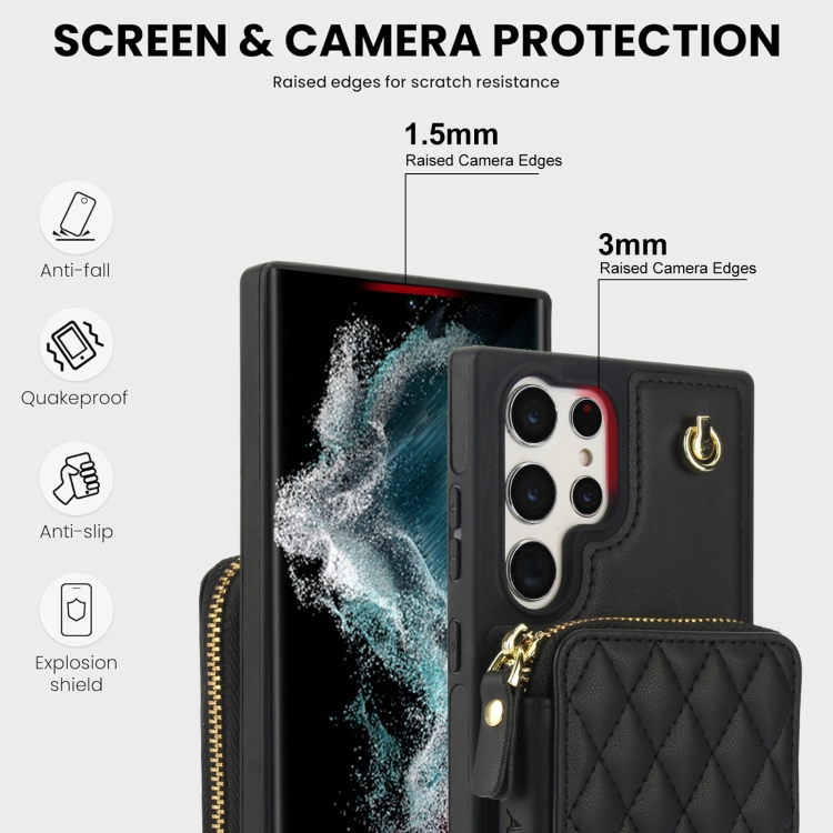 For Samsung Galaxy S24 Ultra 5G AwQuer Crossbody Zipper Wallet Rhombic Leather Back Phone Case(Black) For Samsung Galaxy S24 Ultra 5G AwQuer Crossbody Zipper Wallet Rhombic Leather Back Phone Case(Black)