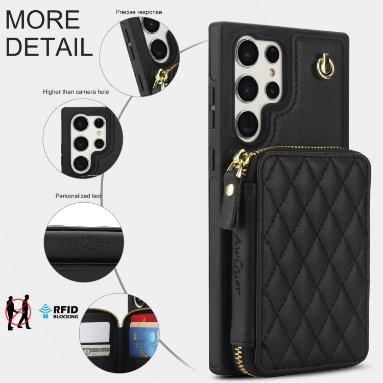 For Samsung Galaxy S24 Ultra 5G AwQuer Crossbody Zipper Wallet Rhombic Leather Back Phone Case(Black) For Samsung Galaxy S24 Ultra 5G AwQuer Crossbody Zipper Wallet Rhombic Leather Back Phone Case(Black)