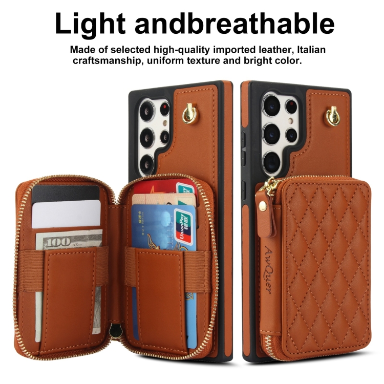 For Samsung Galaxy S23 Ultra 5G AwQuer Crossbody Zipper Wallet Rhombic Leather Back Phone Case(Brown) For Samsung Galaxy S23 Ultra 5G AwQuer Crossbody Zipper Wallet Rhombic Leather Back Phone Case(Brown)