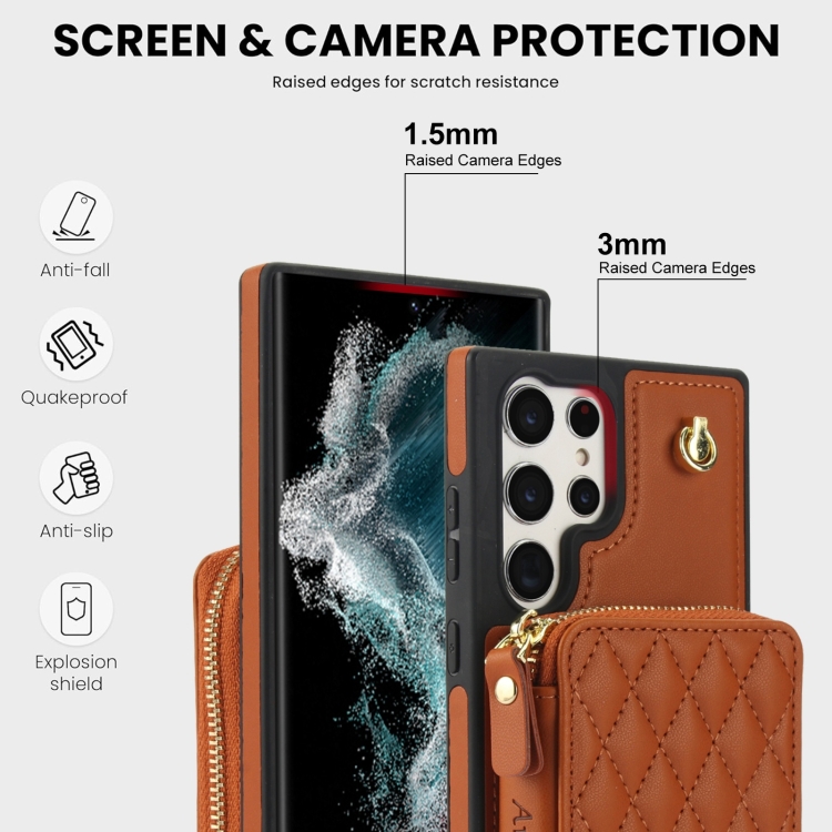 For Samsung Galaxy S23 Ultra 5G AwQuer Crossbody Zipper Wallet Rhombic Leather Back Phone Case(Brown) For Samsung Galaxy S23 Ultra 5G AwQuer Crossbody Zipper Wallet Rhombic Leather Back Phone Case(Brown)