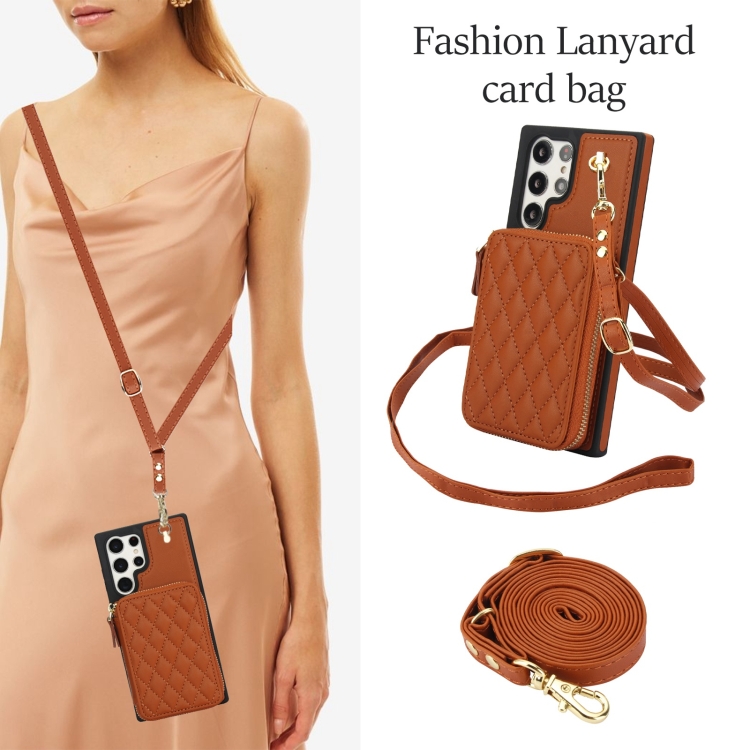 For Samsung Galaxy S23 Ultra 5G AwQuer Crossbody Zipper Wallet Rhombic Leather Back Phone Case(Brown) For Samsung Galaxy S23 Ultra 5G AwQuer Crossbody Zipper Wallet Rhombic Leather Back Phone Case(Brown)