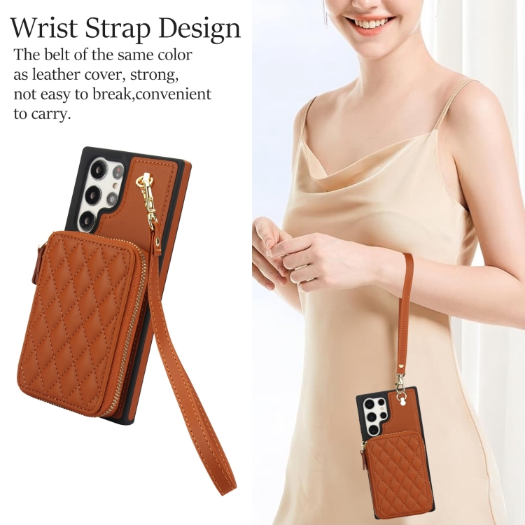 For Samsung Galaxy S23 Ultra 5G AwQuer Crossbody Zipper Wallet Rhombic Leather Back Phone Case(Brown) For Samsung Galaxy S23 Ultra 5G AwQuer Crossbody Zipper Wallet Rhombic Leather Back Phone Case(Brown)