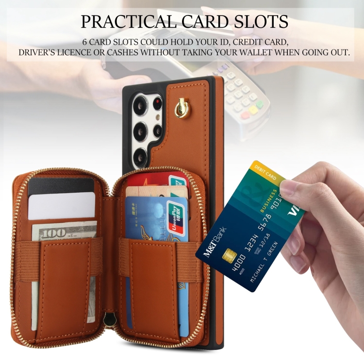 For Samsung Galaxy S23 Ultra 5G AwQuer Crossbody Zipper Wallet Rhombic Leather Back Phone Case(Brown) For Samsung Galaxy S23 Ultra 5G AwQuer Crossbody Zipper Wallet Rhombic Leather Back Phone Case(Brown)