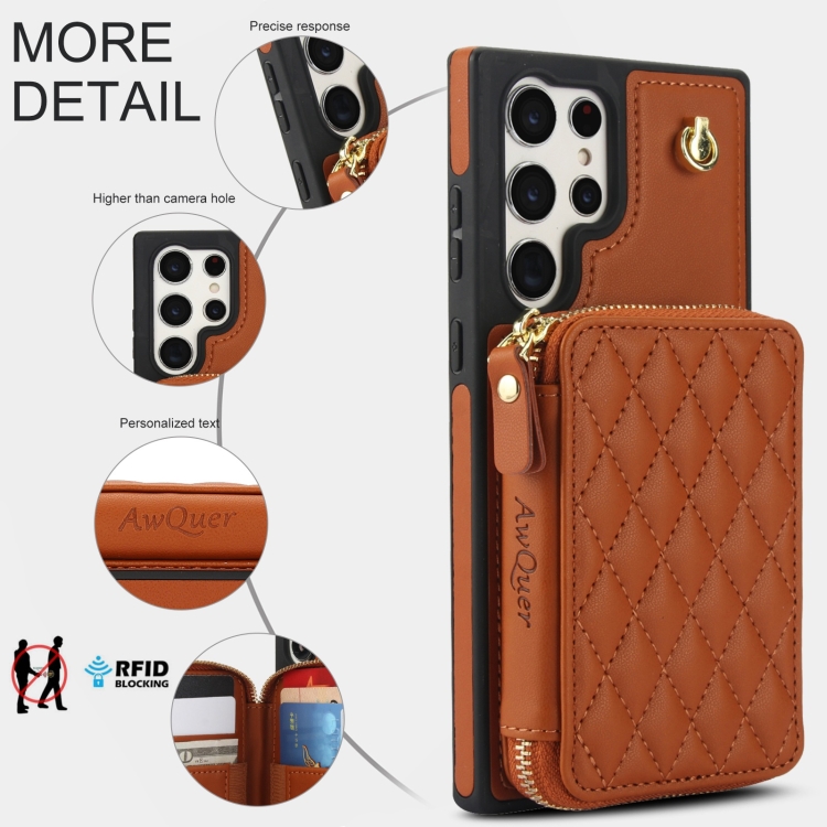 For Samsung Galaxy S23 Ultra 5G AwQuer Crossbody Zipper Wallet Rhombic Leather Back Phone Case(Brown) For Samsung Galaxy S23 Ultra 5G AwQuer Crossbody Zipper Wallet Rhombic Leather Back Phone Case(Brown)