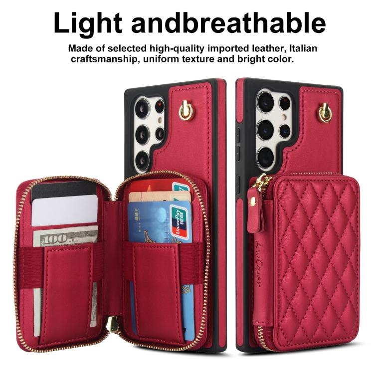 For Samsung Galaxy S22 Ultra 5G AwQuer Crossbody Zipper Wallet Rhombic Leather Back Phone Case(Red)