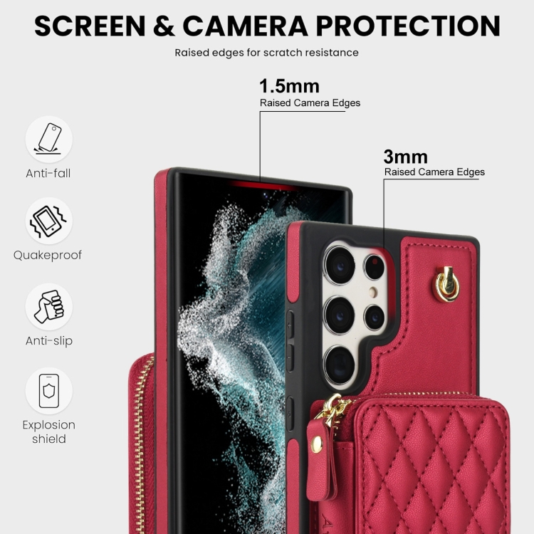 For Samsung Galaxy S22 Ultra 5G AwQuer Crossbody Zipper Wallet Rhombic Leather Back Phone Case(Red)