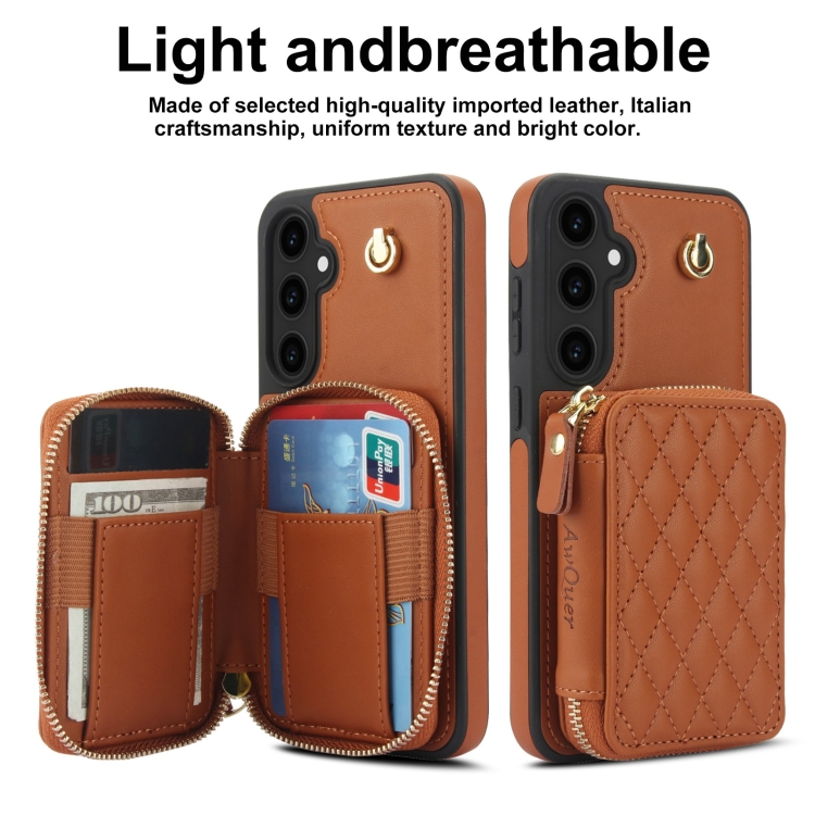 For Samsung Galaxy S23 FE 5G AwQuer Crossbody Zipper Wallet Rhombic Leather Back Phone Case(Brown) For Samsung Galaxy S23 FE 5G AwQuer Crossbody Zipper Wallet Rhombic Leather Back Phone Case(Brown)