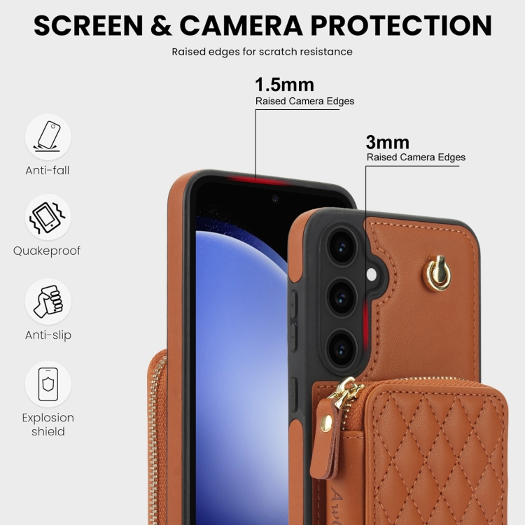 For Samsung Galaxy S23 FE 5G AwQuer Crossbody Zipper Wallet Rhombic Leather Back Phone Case(Brown) For Samsung Galaxy S23 FE 5G AwQuer Crossbody Zipper Wallet Rhombic Leather Back Phone Case(Brown)