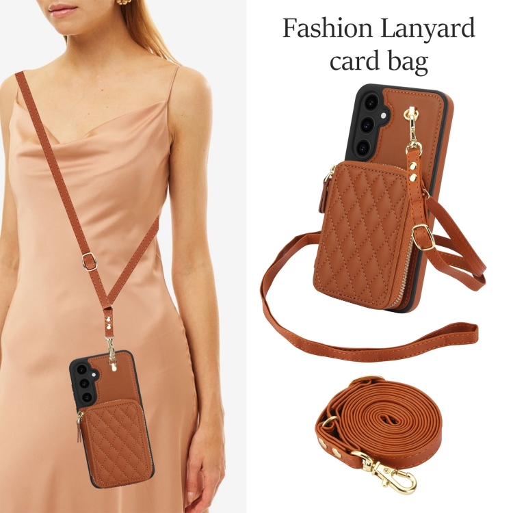 For Samsung Galaxy S23 FE 5G AwQuer Crossbody Zipper Wallet Rhombic Leather Back Phone Case(Brown) For Samsung Galaxy S23 FE 5G AwQuer Crossbody Zipper Wallet Rhombic Leather Back Phone Case(Brown)
