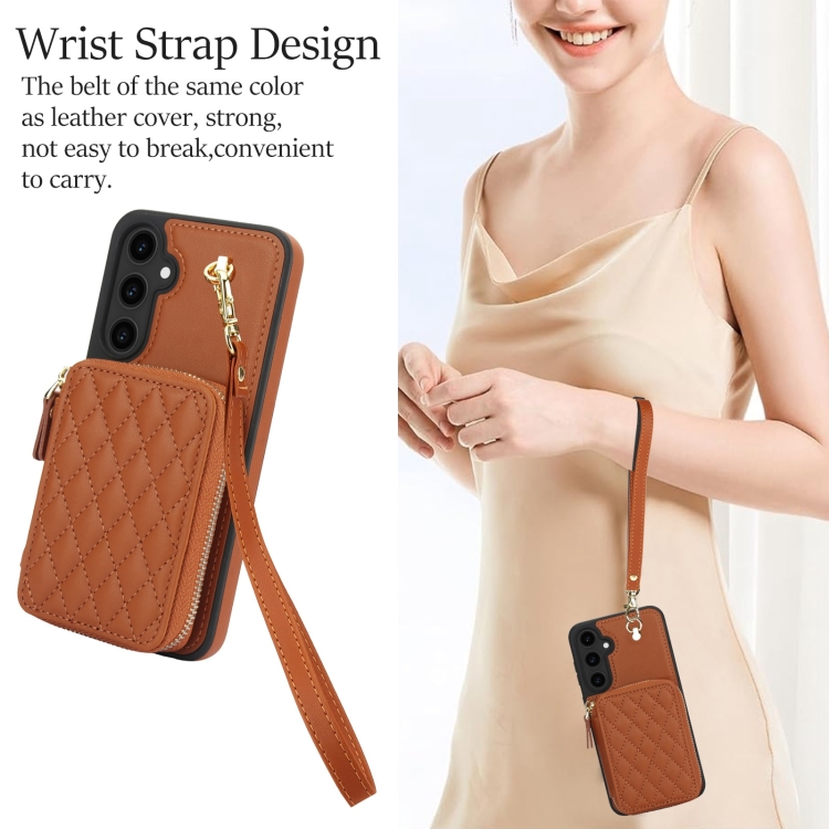 For Samsung Galaxy S23 FE 5G AwQuer Crossbody Zipper Wallet Rhombic Leather Back Phone Case(Brown) For Samsung Galaxy S23 FE 5G AwQuer Crossbody Zipper Wallet Rhombic Leather Back Phone Case(Brown)