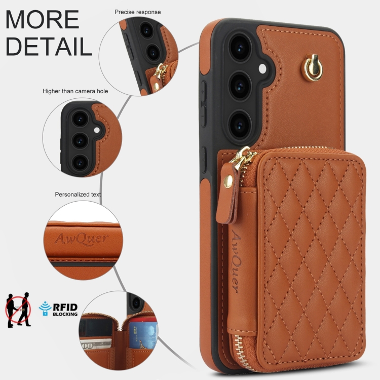 For Samsung Galaxy S23 FE 5G AwQuer Crossbody Zipper Wallet Rhombic Leather Back Phone Case(Brown) For Samsung Galaxy S23 FE 5G AwQuer Crossbody Zipper Wallet Rhombic Leather Back Phone Case(Brown)