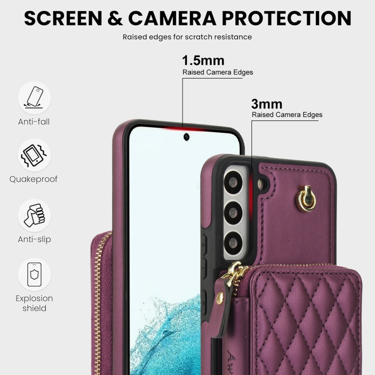For Samsung Galaxy S22+ 5G AwQuer Crossbody Zipper Wallet Rhombic Leather Back Phone Case(Dark Purple) For Samsung Galaxy S22+ 5G AwQuer Crossbody Zipper Wallet Rhombic Leather Back Phone Case(Dark Purple)