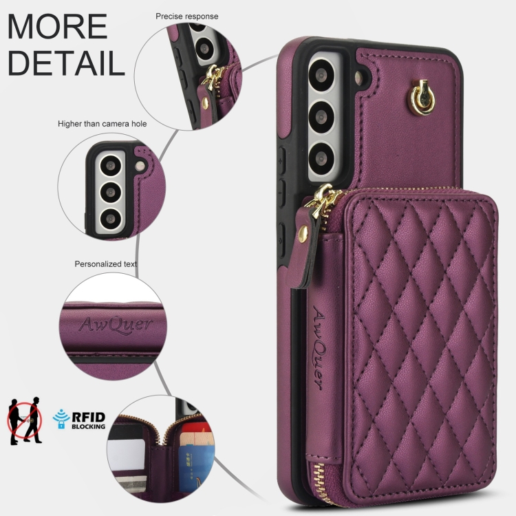 For Samsung Galaxy S22+ 5G AwQuer Crossbody Zipper Wallet Rhombic Leather Back Phone Case(Dark Purple) For Samsung Galaxy S22+ 5G AwQuer Crossbody Zipper Wallet Rhombic Leather Back Phone Case(Dark Purple)