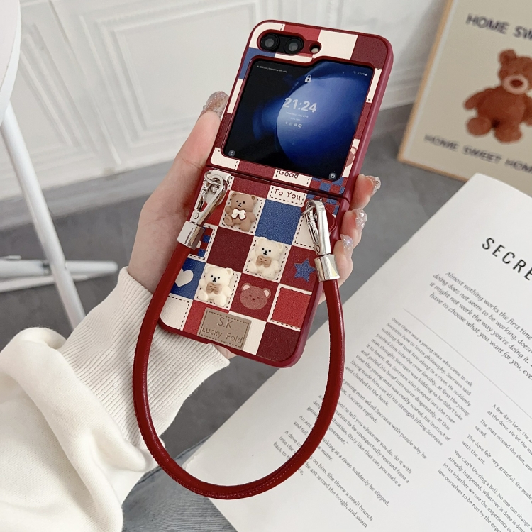 For Samsung Galaxy Z Flip6 Lattice Little Bear Pattern Full Coverage Phone Case with Wrist Strap(Red) For Samsung Galaxy Z Flip6 Lattice Little Bear Pattern Full Coverage Phone Case with Wrist Strap(Red)