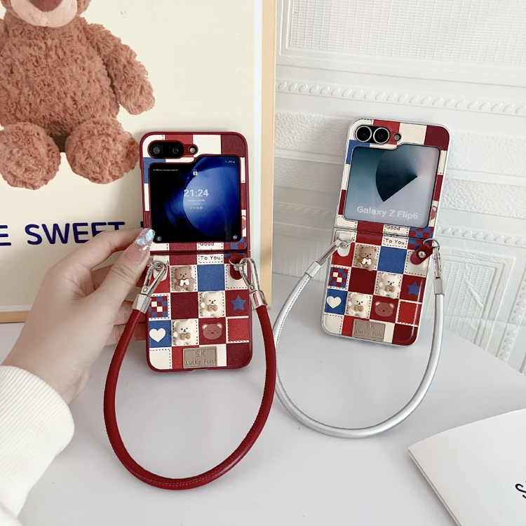 For Samsung Galaxy Z Flip6 Lattice Little Bear Pattern Full Coverage Phone Case with Wrist Strap(Red) For Samsung Galaxy Z Flip6 Lattice Little Bear Pattern Full Coverage Phone Case with Wrist Strap(Red)