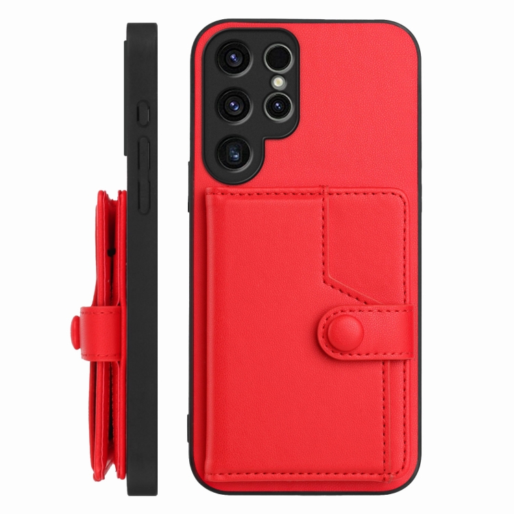 For Samsung Galaxy S22 Ultra 5G Button Card Bag RFID Anti-theft Phone Case(Red) For Samsung Galaxy S22 Ultra 5G Button Card Bag RFID Anti-theft Phone Case(Red)