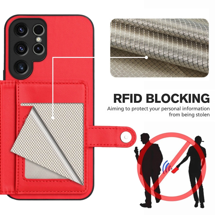 For Samsung Galaxy S22 Ultra 5G Button Card Bag RFID Anti-theft Phone Case(Red) For Samsung Galaxy S22 Ultra 5G Button Card Bag RFID Anti-theft Phone Case(Red)