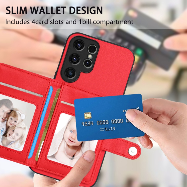 For Samsung Galaxy S22 Ultra 5G Button Card Bag RFID Anti-theft Phone Case(Red) For Samsung Galaxy S22 Ultra 5G Button Card Bag RFID Anti-theft Phone Case(Red)