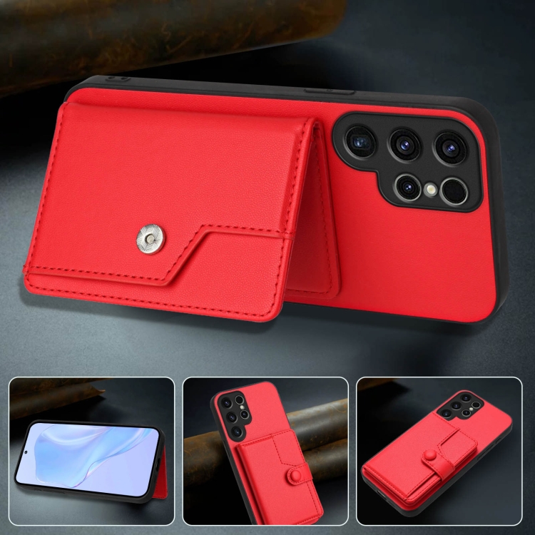 For Samsung Galaxy S22 Ultra 5G Button Card Bag RFID Anti-theft Phone Case(Red) For Samsung Galaxy S22 Ultra 5G Button Card Bag RFID Anti-theft Phone Case(Red)