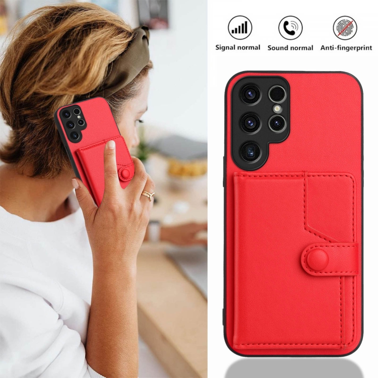 For Samsung Galaxy S22 Ultra 5G Button Card Bag RFID Anti-theft Phone Case(Red) For Samsung Galaxy S22 Ultra 5G Button Card Bag RFID Anti-theft Phone Case(Red)