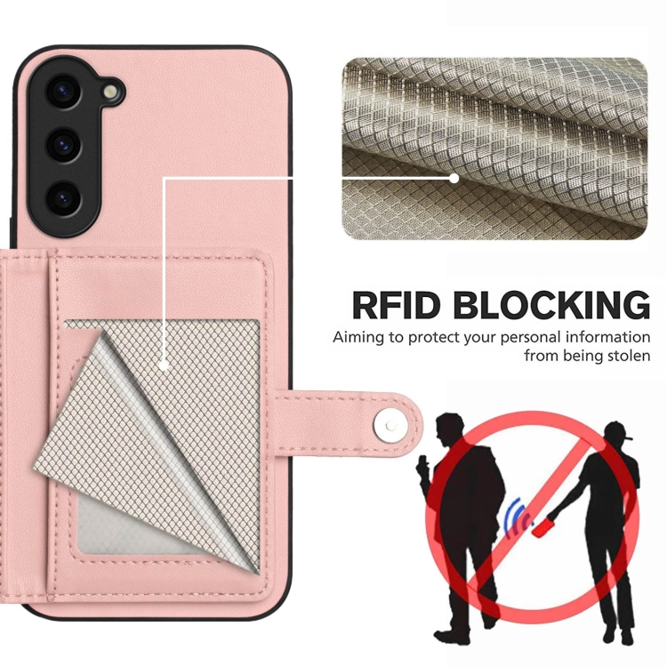 For Samsung Galaxy S23 FE 5G Button Card Bag RFID Anti-theft Phone Case(Pink) For Samsung Galaxy S23 FE 5G Button Card Bag RFID Anti-theft Phone Case(Pink)