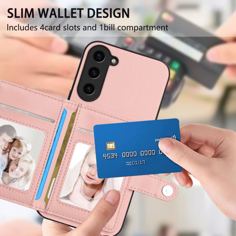 For Samsung Galaxy S23 FE 5G Button Card Bag RFID Anti-theft Phone Case(Pink) For Samsung Galaxy S23 FE 5G Button Card Bag RFID Anti-theft Phone Case(Pink)