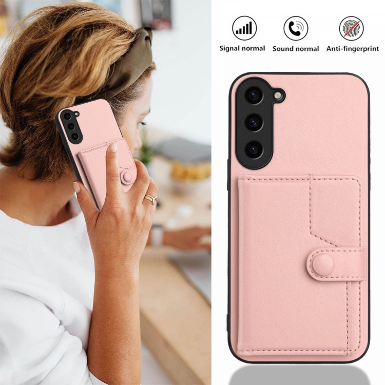 For Samsung Galaxy S23 FE 5G Button Card Bag RFID Anti-theft Phone Case(Pink) For Samsung Galaxy S23 FE 5G Button Card Bag RFID Anti-theft Phone Case(Pink)
