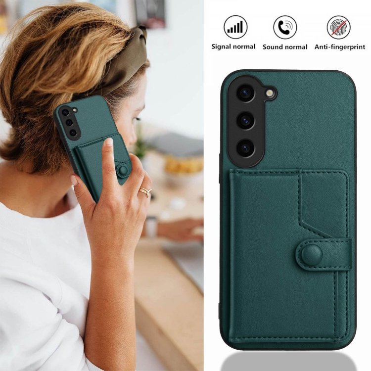 For Samsung Galaxy S23+ 5G Button Card Bag RFID Anti-theft Phone Case(Green)