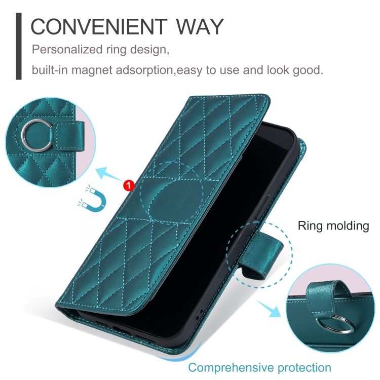 For iPhone 16 Plus Ring Buckle Rhombic Leather Phone Case(Green) For iPhone 16 Plus Ring Buckle Rhombic Leather Phone Case(Green)