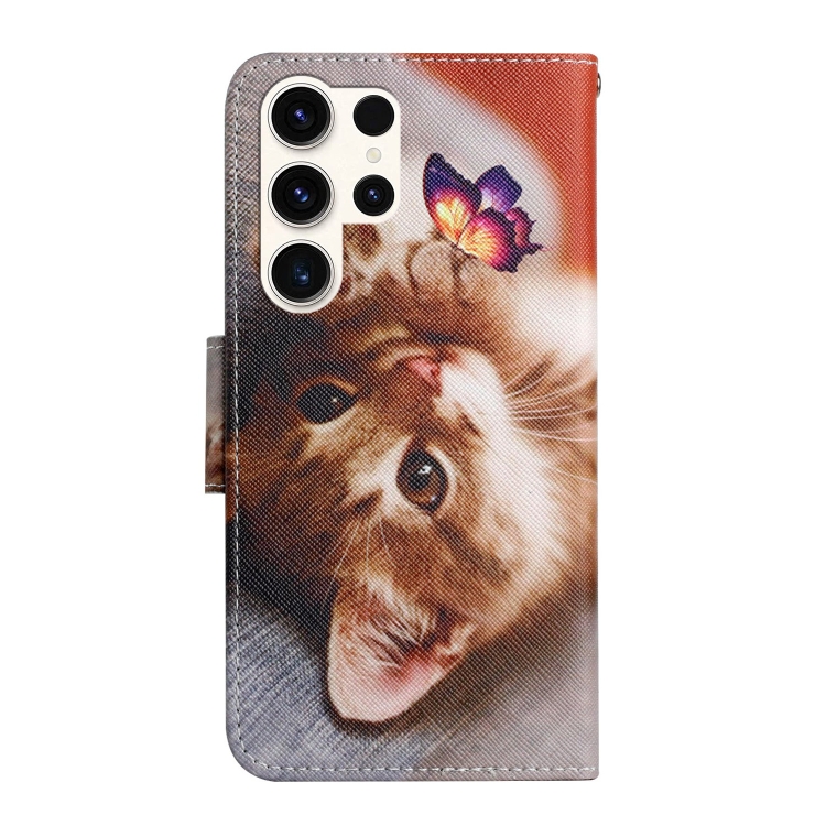 For Samsung Galaxy S25 Ultra 5G Colored Drawing Pattern Leather Phone Case(Butterfly Cat) For Samsung Galaxy S25 Ultra 5G Colored Drawing Pattern Leather Phone Case(Butterfly Cat)