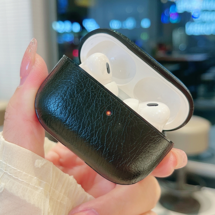 For AirPods 4 Crazy Horse Texture PU Earbuds Box PC Case with Hook(Black) For AirPods 4 Crazy Horse Texture PU Earbuds Box PC Case with Hook(Black)