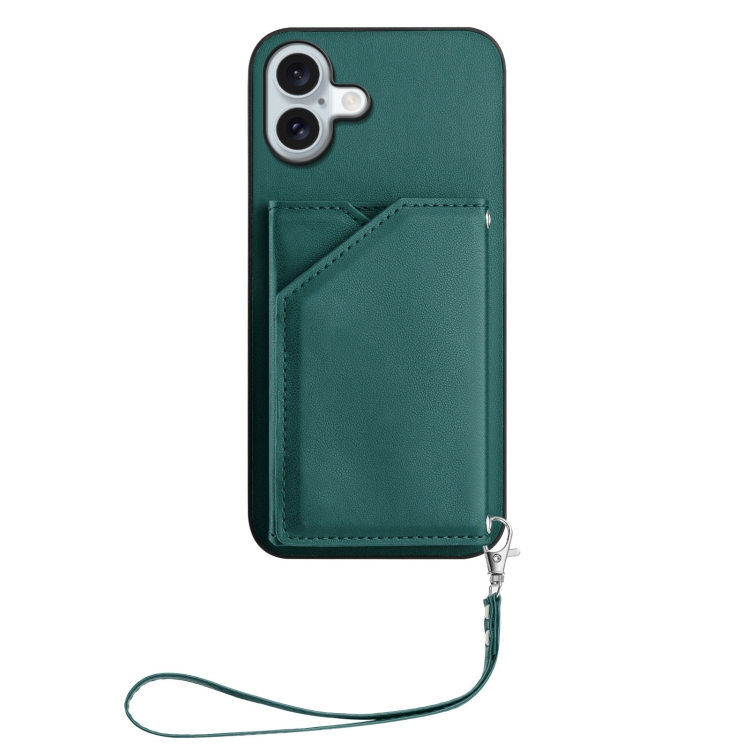 For iPhone 16 Plus Skin Feel Four Card Slots Phone Case with Wrist Strap(Green) For iPhone 16 Plus Skin Feel Four Card Slots Phone Case with Wrist Strap(Green)