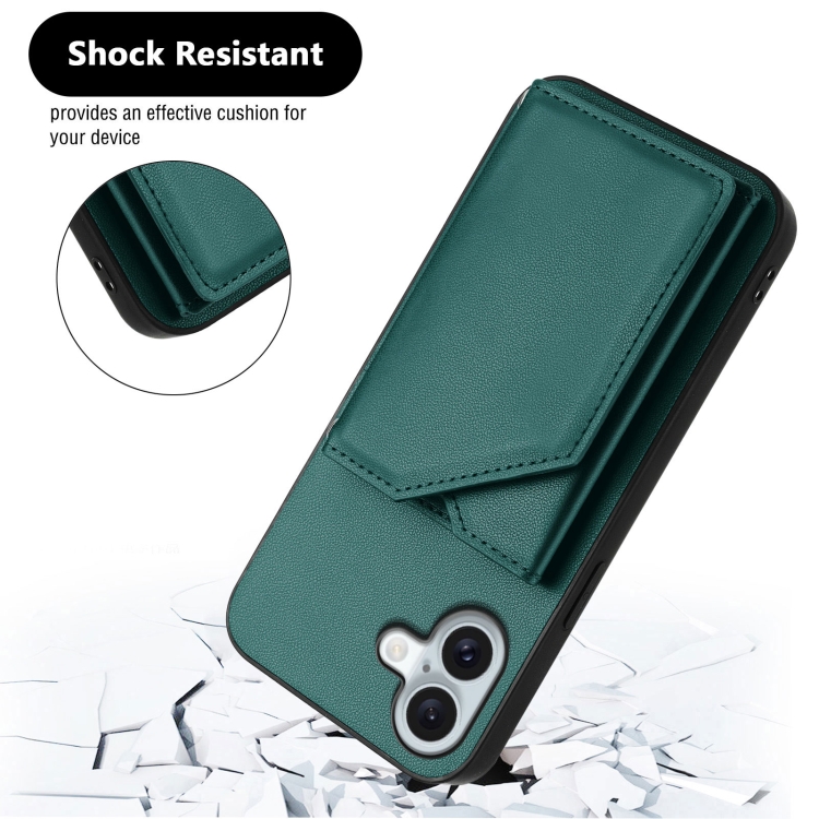 For iPhone 16 Plus Skin Feel Four Card Slots Phone Case with Wrist Strap(Green) For iPhone 16 Plus Skin Feel Four Card Slots Phone Case with Wrist Strap(Green)