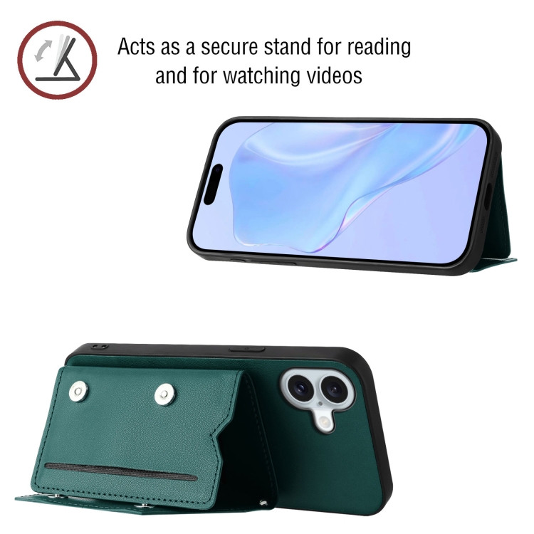 For iPhone 16 Plus Skin Feel Four Card Slots Phone Case with Wrist Strap(Green) For iPhone 16 Plus Skin Feel Four Card Slots Phone Case with Wrist Strap(Green)