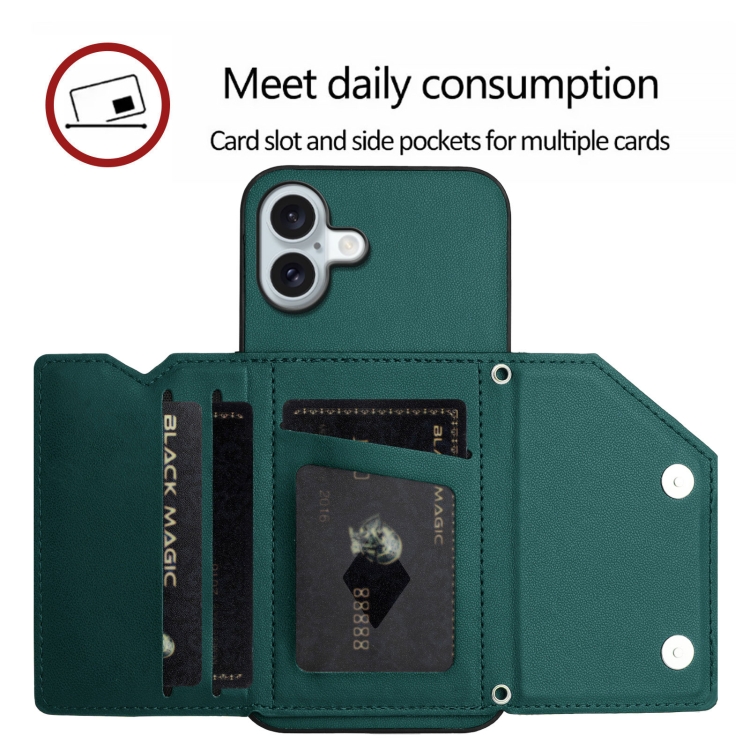 For iPhone 16 Plus Skin Feel Four Card Slots Phone Case with Wrist Strap(Green) For iPhone 16 Plus Skin Feel Four Card Slots Phone Case with Wrist Strap(Green)