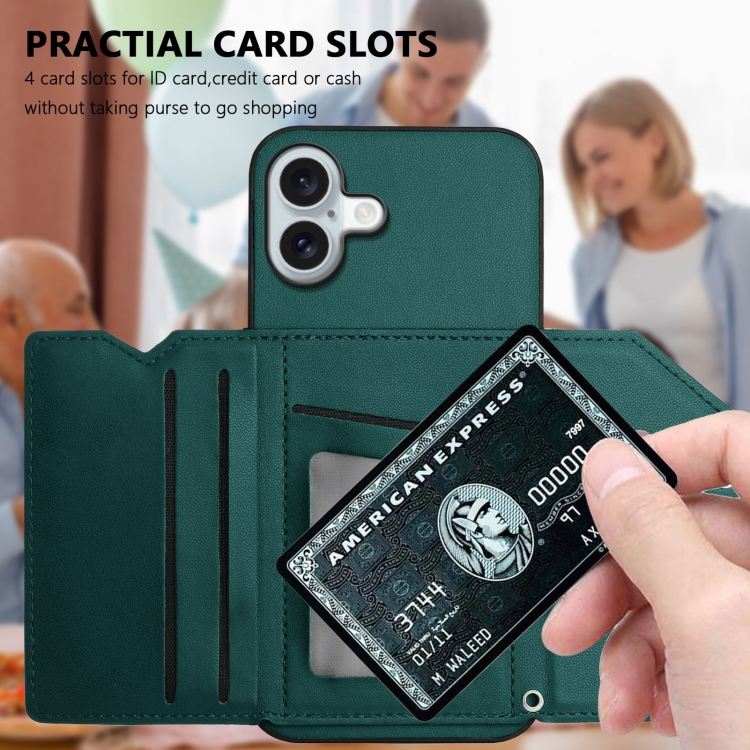 For iPhone 16 Plus Skin Feel Four Card Slots Phone Case with Wrist Strap(Green) For iPhone 16 Plus Skin Feel Four Card Slots Phone Case with Wrist Strap(Green)