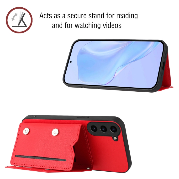 For Samsung Galaxy S23+ 5G Skin Feel Four Card Slots Phone Case with Wrist Strap(Red)
