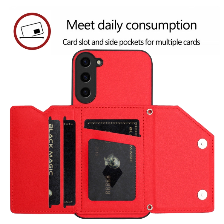 For Samsung Galaxy S23+ 5G Skin Feel Four Card Slots Phone Case with Wrist Strap(Red)